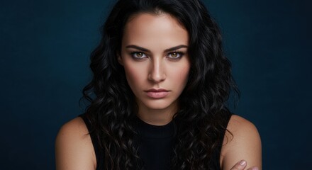 Fototapeta premium Intense Portrait of a Woman with Curly Hair Against a Dark Background
