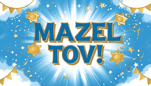 A vibrant Mazel Tov! greeting card design.  Blue background with gold stars, confetti, and bursting rays. Perfect for celebrations and festive occasions.