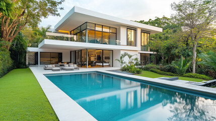 Fototapeta premium Modern tropical villa with pool and lounge area. A two-story luxury house features large glass windows, a private swimming pool, and lush landscaping with tropical trees and greenery