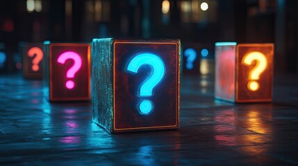 Illuminated question mark boxes in vibrant colors standing in a dark and mysterious setting