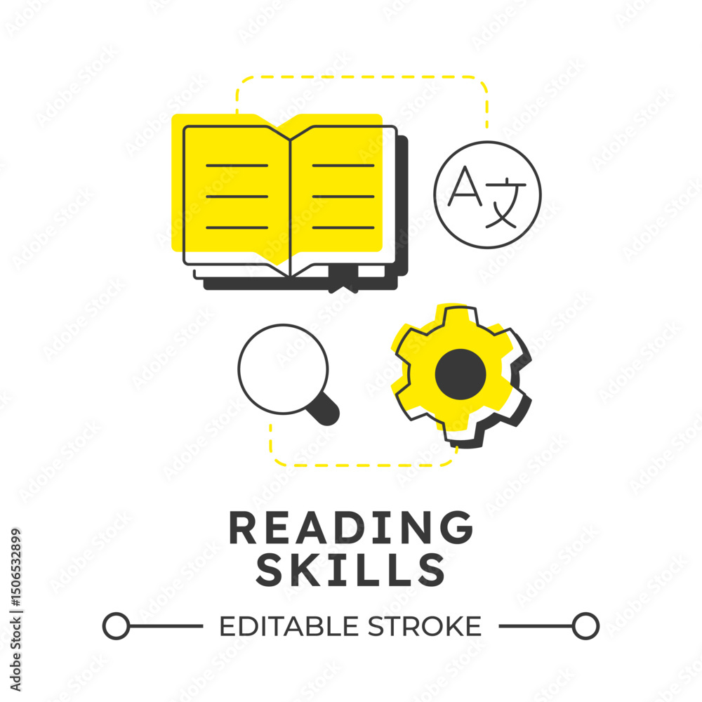Poster reading skills modern linear concept icon. language translation. information processing. comprehensi