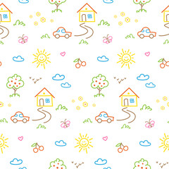Seamless pattern with colorful doodle kid drawing. Fun icons, childish drawings such as house, car, tree, cherry, sun and heart isolated on white background.