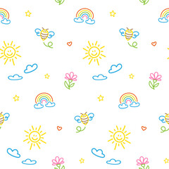 Seamless pattern with colorful doodle kid drawing. Fun icons, childish drawings such as rainbow, sun, cloud, bee, butterfly and flower isolated on white background.