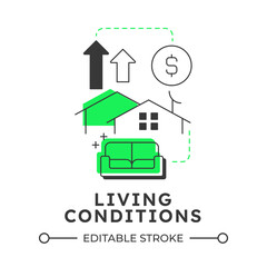 Fototapeta premium Living conditions modern linear concept icon. Real estate, property. Money savings, wealth. Healthcare, education. Flat outline elements connected with dotted lines. Creative visual. Easy to edit