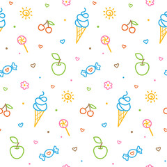 Summer doodle seamless pattern with colorful kid drawing. Fun icons, childish drawings of ice cream, candy, apple, cherry, sun isolated on white background.