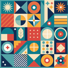 Geometric pattern vector background with Scandinavian abstract color or Swiss geometry prints of rectangles, squares and circles shape design