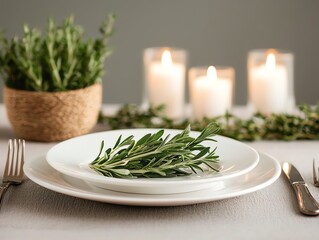 Plant-based dinner party setup, elegant table setting, fresh herbs, and candlelight ambiance