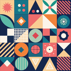 Geometric pattern vector background with Scandinavian abstract color or Swiss geometry prints of rectangles, squares and circles shape design
