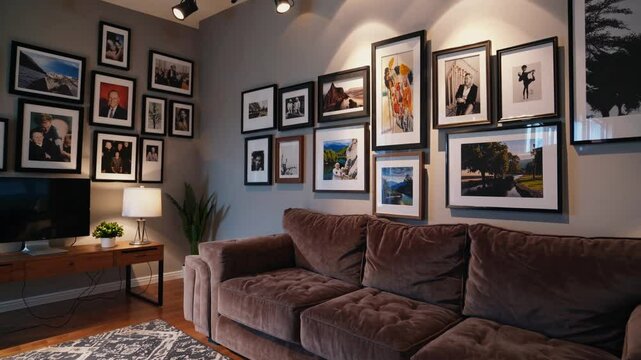 Artistic Harmony: A meticulously curated gallery wall showcases a captivating collection of framed images, reflecting a sense of design, comfort, and curated aesthetics. 