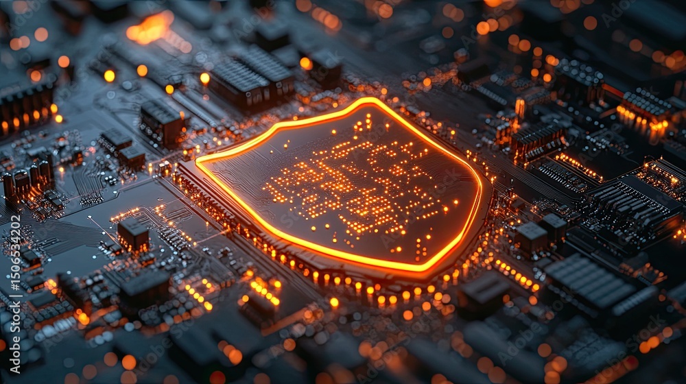 Poster a glowing shield on a complex circuit board with orange lights and dark components visible closeup