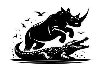 Obraz premium Rhino Charging Crocodile Silhouette Logo