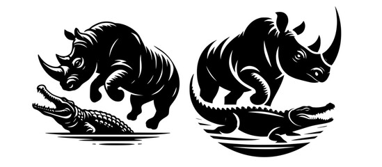 Obraz premium Rhino vs Crocodile Vector Icon