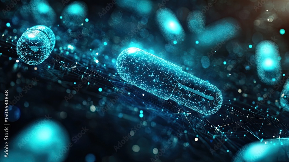 Poster digital representation of capsules with glowing connections on a dark blue background design element