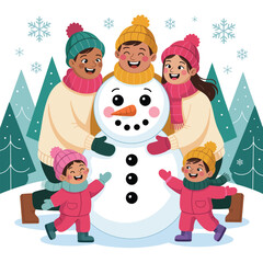 Christmas winter wonderland children playing with a snowman