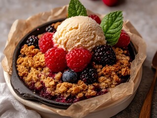 Sweet and fruity plant-based dessert, berry crumble, dairy-free ice cream, golden crust