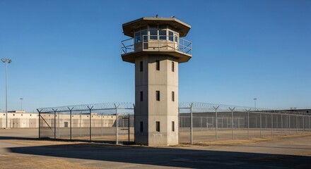 The tall watchtower in the courtyard of the prison against the background of the gray sky symbolizes the security, surveillance and conditions of detention in the prison.