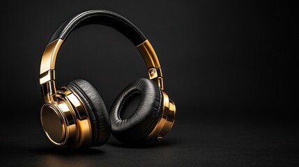 Close up of gold and black over ear headphones on a dark background in a studio setting for listening