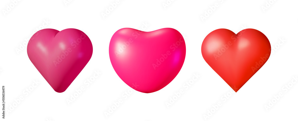 Poster three isolated colorful 3d hearts in a row. glossy objects for love and romance design. vector illus