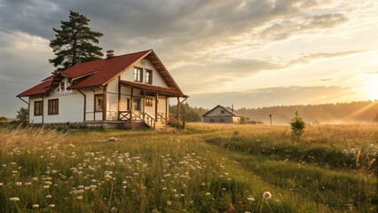 Obraz premium wooden house in a Golden Hour Field