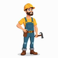 Confident Cartoon Builder Holding a Hammer – Construction Worker Illustration