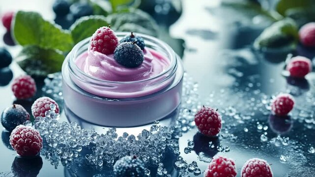 A bowl of pink dessert with blueberries and raspberries on top. The dessert is cold and looks delicious