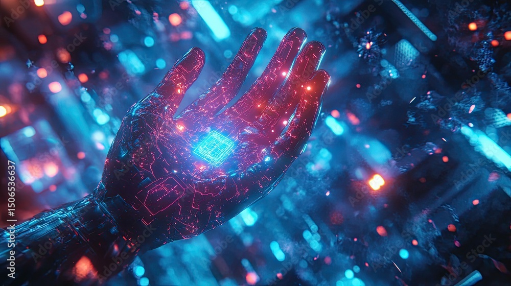 Poster glowing robotic hand holding a microchip against a backdrop of abstract digital elements