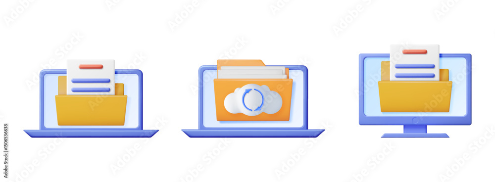 Aufkleber 3d illustration set of data management concepts featuring laptop, monitor, and cloud synchronization