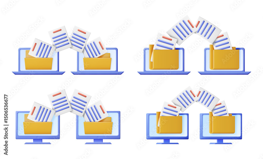 Poster set of 3d documents transferring between laptop and monitor. digital file transfer, data sharing, ba