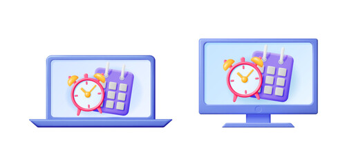 Alarm clock and calendar on laptop and desktop computer screens. Schedule reminder and time management concept. Digital organization.