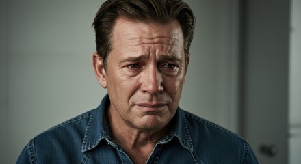 Obraz premium Emotional close-up of a man in a denim shirt reflecting on personal struggles