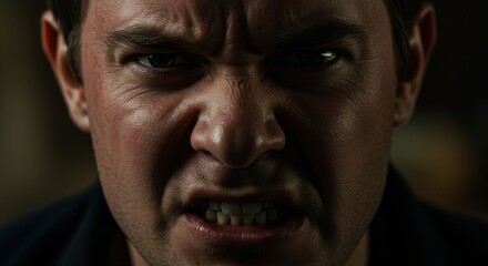 Fototapeta premium Intense close-up of a man's angry expression with blurred background details