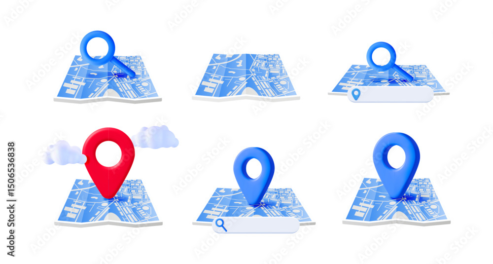 Poster 3d vector illustration set of folded paper map with location pin, magnifying glass, and search bar. 