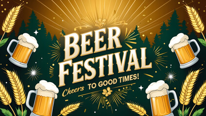 A vibrant beer festival poster design featuring mugs of beer, wheat stalks, and a celebratory burst.  Perfect for promoting beer-tasting events and festive gatherings.