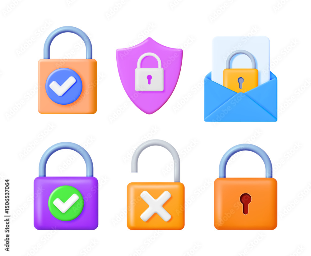 Poster set of 3d vector padlock icons for online data security. cyber privacy and digital protection concep