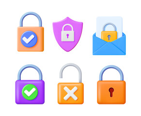Set of 3d vector padlock icons for online data security. Cyber privacy and digital protection concept.