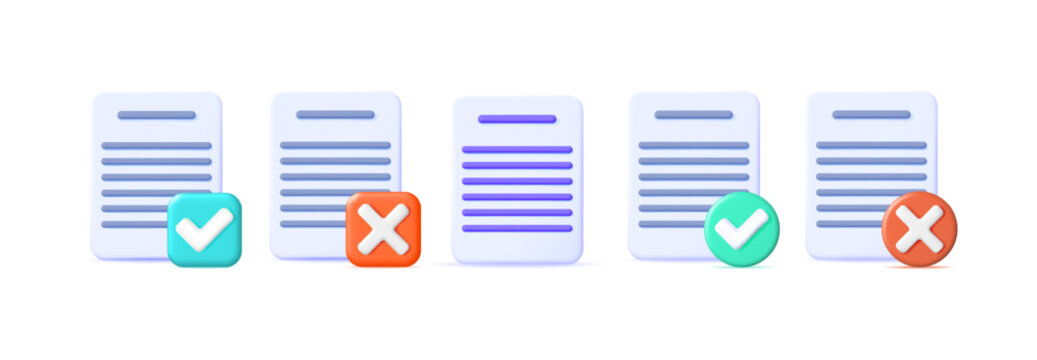 Document processing illustration with check mark and cross symbols. Data review and verification concept. Vector 3d render for business application.