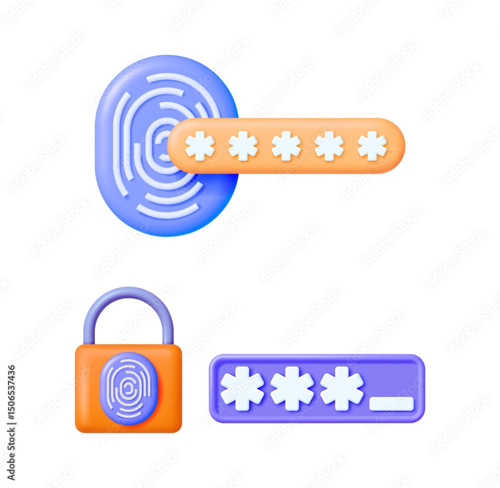 Poster fingerprint and password security vector 3d illustration set. secure lock and biometric access for d