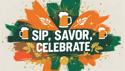 An abstract design with orange and green paint strokes, beer mugs, wheat, and gold glitter. Text reads: Sip, Savor, Celebrate.