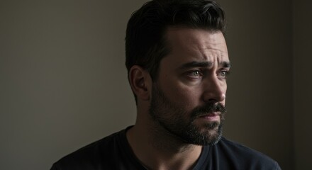 Fototapeta premium Thoughtful man gazing out of a window in a softly lit room, reflecting