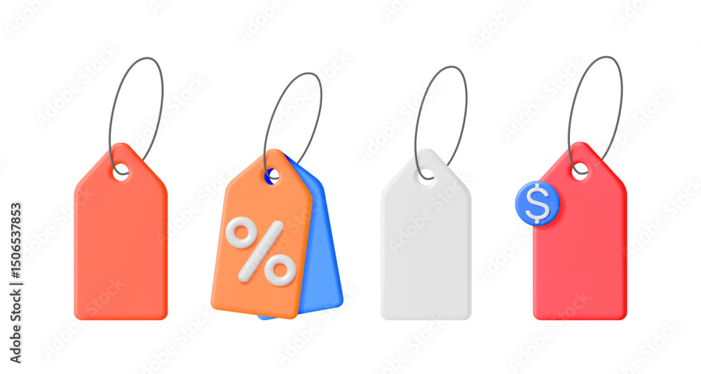 Poster set of 3d rendering vector price tag signs. empty label templates and discount tags with percent and