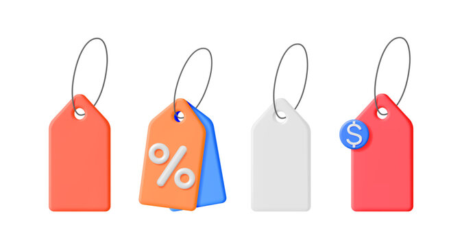 Set of 3d rendering vector price tag signs. Empty label templates and discount tags with percent and dollar symbols. Sales promotion concept.