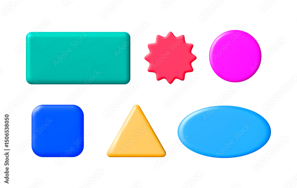 Poster set of different colorful 3d shapes including rectangle, starburst, oval, square, triangle, and roun