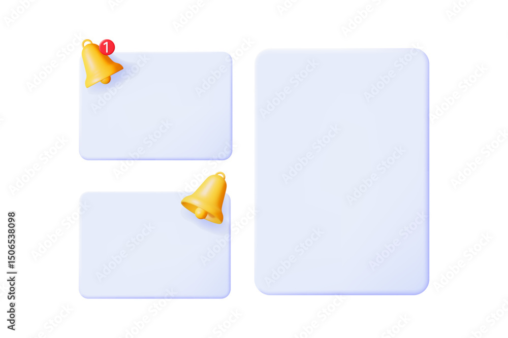 Fototapete three blank 3d notification templates with golden bells. message box for push notification and socia