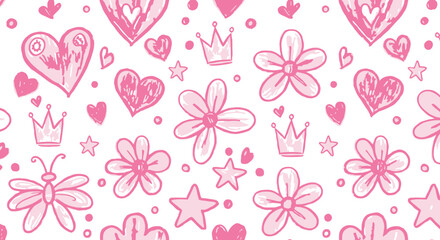 Pink Princess Doodle Pattern: Hearts, Flowers, Crowns