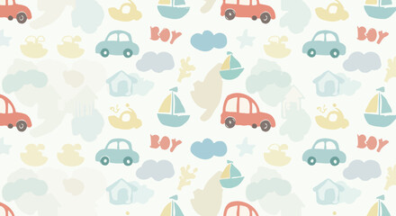 Playful Boy's Room: Car, Boat, and Cloud Pattern
