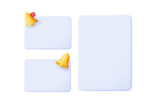 Three blank 3d notification templates with golden bells. Message box for push notification and social media. Alert and reminder concept.
