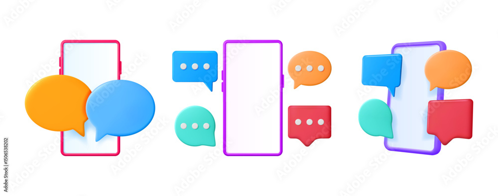 Poster set of 3d vector illustrations of smartphone frames and message bubbles. mobile communication concep