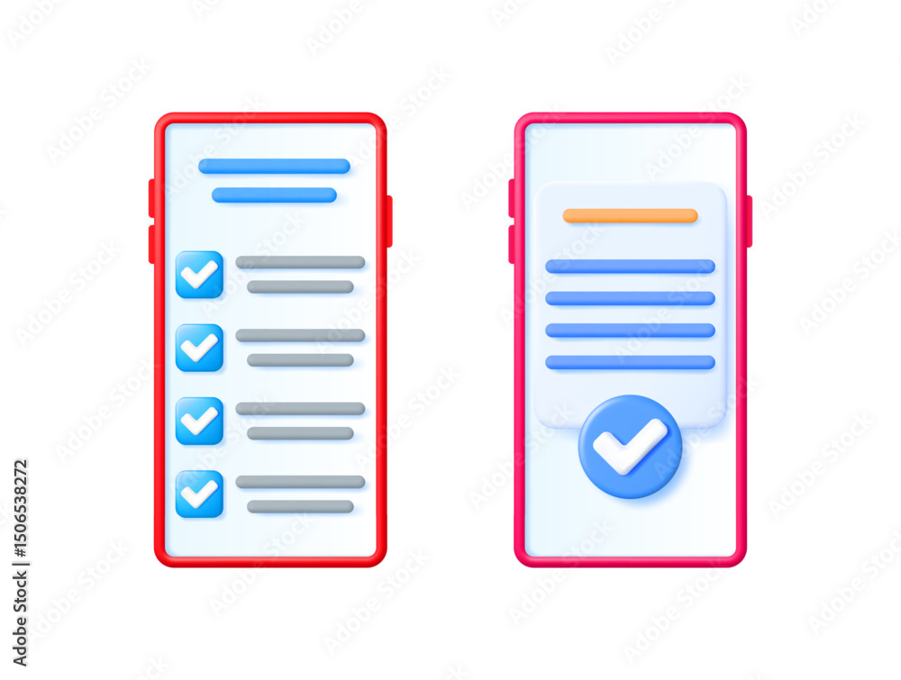 Poster smartphone with 3d checklist and complete concept. digital task management and survey on mobile phon