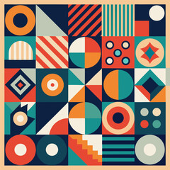 Geometric pattern vector background with Scandinavian abstract color or Swiss geometry prints of rectangles, squares and circles shape design