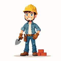  Cartoon Male Builder with Safety Helmet and Trowel – Construction Scene